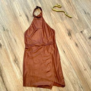 PU Leather Burgundy Bodycon Halter Dress, Medium